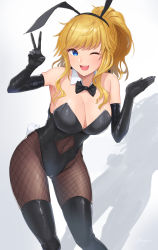 Rule 34 | 1girl, ;d, animal ears, black bow, black bowtie, black footwear, black gloves, black hairband, black leotard, blonde hair, blue eyes, blush, boots, bow, bowtie, breasts, brown thighhighs, cleavage, clothing cutout, commentary request, covered navel, detached collar, elbow gloves, fake animal ears, fake tail, feet out of frame, gloves, hairband, highres, hoshii miki, idolmaster, idolmaster (classic), idolmaster cinderella girls, large breasts, leotard, long hair, looking at viewer, navel cutout, ohtsuki yui, one eye closed, open mouth, pantyhose, playboy bunny, ponytail, rabbit ears, rabbit tail, shadow, shougun (chuckni1), sidelocks, signature, simple background, skindentation, smile, solo, standing, strapless, strapless leotard, swept bangs, tail, thigh boots, thighhighs, v, white background, wink