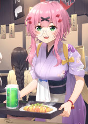 Rule 34 | alternate costume, assault rifle, beer mug, breasts, commentary request, cup, dated, drink, food, girls&#039; frontline, glasses, green eyes, gun, hair ornament, hk416 (girls&#039; frontline), japanese clothes, kimono, large breasts, long braid, looking at viewer, m16a1 (girls&#039; frontline), mug, pink hair, restaurant, rifle, sarasa (kanbi), silver hair, tabuk (culinarian of the souleaters) (girls&#039; frontline), tabuk (girls&#039; frontline), twitter username, weapon, x hair ornament, yukata