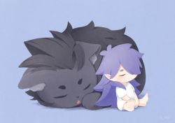 Rule 34 | 1boy, closed mouth, fengxi (the legend of luoxiaohei), hair over one eye, long hair, mms 0108, multiple forms, pointy ears, purple background, shirt, short sleeves, simple background, sleeping, luo xiaohei zhanji, very long hair, white shirt