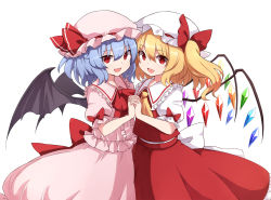 Rule 34 | 2girls, back bow, bat wings, blonde hair, blue hair, bow, crystal, fang, flandre scarlet, frills, hat, hat ribbon, highres, holding hands, interlocked fingers, looking at viewer, medium hair, mob cap, multiple girls, open mouth, pink headwear, pink shirt, pink skirt, puffy short sleeves, puffy sleeves, red bow, red eyes, red neckwear, red ribbon, red skirt, red vest, remilia scarlet, ribbon, rizento, shirt, short sleeves, siblings, side ponytail, simple background, sisters, skirt, smile, touhou, upper body, vest, white background, white bow, white headwear, white shirt, wings, yellow neckwear