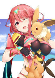 Rule 34 | 1girl, black gloves, breasts, chest jewel, creatures (company), crossover, daive, eevee, game freak, gen 1 pokemon, gen 5 pokemon, gloves, hair between eyes, headpiece, highres, jewelry, large breasts, nintendo, object on breast, pokemon, pokemon (creature), pyra (xenoblade), red eyes, red hair, red shorts, shorts, standing on breasts, tepig, tiara, xenoblade chronicles (series), xenoblade chronicles 2