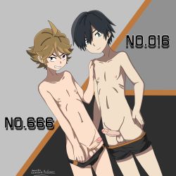 Rule 34 | 10s, 2boys, ahoge, bike shorts, bike shorts pull, black boxer briefs, black briefs, black hair, blonde hair, blue eyes, boxer briefs, briefs, brown eyes, commentary, darling in the franxx, dated, erection, hand on another&#039;s shoulder, highres, hiro (darling in the franxx), looking at viewer, male focus, male underwear, md5 mismatch, multiple boys, penis, resolution mismatch, signature, source smaller, topless male, underwear, xoft, yaoi, zorome (darling in the franxx)