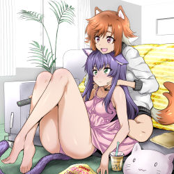 Rule 34 | 2girls, :&lt;, :d, animal ear fluff, animal ears, aqua eyes, ass, brown eyes, brown hair, cat ears, cat tail, chin rest, choker, controller, curtains, day, dog ears, dog tail, frown, head on head, head rest, hug, hug from behind, indoors, jacket, legs together, multiple girls, nakahira guy, no pants, open mouth, original, panties, plant, potted plant, purple jaircup, remote control, sitting, smile, tail, thighs, underwear