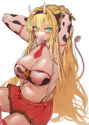 Rule 34 | 1girl, absurdres, adjusting hair, animal print, arms behind head, arms up, at2., blonde hair, breasts, cleavage, cow print, elbow gloves, fake horns, gloves, green eyes, hair tie in mouth, highres, horns, large breasts, looking at viewer, mouth hold, navel, necktie, red necktie, red skirt, skirt, solo, tsurumaki maki, voiceroid