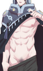 Rule 34 | 10s, 1boy, abs, body hair, clothes lift, dramatical murder, highres, male focus, muscular, nipples, pectorals, shirt lift, solo, tagme, undressing