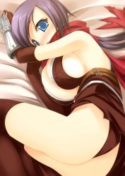 Rule 34 | 1girl, ass, assassin cross (ragnarok online), bare shoulders, bed, belt, blue eyes, blush, breasts, elbow gloves, embarrassed, full-face blush, gloves, huge breasts, kinoshita ichi, large breasts, legs, long hair, lying, on side, open mouth, panties, purple hair, ragnarok online, scarf, sideboob, solo, thighhighs, thighs, underwear