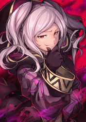 Rule 34 | 1girl, :p, aura, closed mouth, dark aura, fire emblem, fire emblem awakening, fire emblem heroes, gloves, grima (fire emblem), highres, hood, long sleeves, nakabayashi zun, nintendo, red eyes, robin (female) (fire emblem), robin (fire emblem), slit pupils, smile, solo, tongue, tongue out, twintails, upper body, white hair