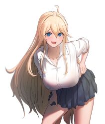 Rule 34 | 1girl, blonde hair, blue eyes, blue skirt, blush, breasts, commentary, english commentary, hair between eyes, hand on own hip, hand on own thigh, harpyia (last origin), large breasts, last origin, leaning forward, long hair, looking at viewer, nyanom, open mouth, pleated skirt, shirt, sidelocks, simple background, skirt, solo, very long hair, white background, white shirt