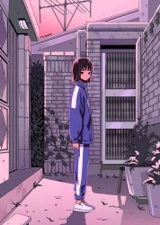 Rule 34 | 1girl, alley, brick wall, bright pupils, door, expressionless, full body, house, ji-yeong, long sleeves, looking at viewer, looking to the side, myon (tokipi), plant, pot, radio antenna, shadow, short hair, solo, sportswear, squid game, sweater, tsurime, unzipped, wall, white pupils