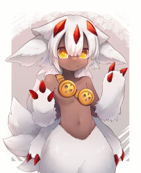 Rule 34 | 1girl, animal ears, blunt bangs, border, claws, coin, collarbone, commentary, cowboy shot, extra arms, faputa, fewer digits, glowing, glowing eyes, grey background, hair between eyes, hands up, highres, looking at viewer, made in abyss, medium hair, midriff, momiji shiori, monster girl, multiple tails, navel, outie navel, outside border, shoulder belt, smile, solo, standing, tail, topless, white border, white fur, white hair, yellow eyes
