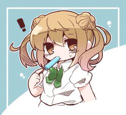 Rule 34 | !, 1girl, bloom2425, blush, bow, bowtie, brown eyes, collared shirt, cropped torso, double bun, food, green bow, green bowtie, hair bun, holding, holding food, kantai collection, light brown hair, michishio (kancolle), michishio kai ni (kancolle), popsicle, shirt, short hair, short sleeves, short twintails, solo, twintails, upper body, white shirt