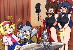 Rule 34 | +++, 4girls, alice margatroid, animal ears, black bow, black bowtie, black eyes, black hair, black leotard, blonde hair, blue dress, bow, bowtie, breasts, brown hair, candelabra, candle, candlestand, capelet, cleavage, closed eyes, commentary request, cookie (touhou), couch, curtains, dress, feet out of frame, food-themed hair ornament, gram 9, grey dress, grey hair, gunbai, hair ornament, hairband, hakurei reimu, ichigo (cookie), indoors, large breasts, leotard, long hair, long sleeves, looking at another, manatsu no yo no inmu, mouse ears, mouse girl, mouse tail, multiple girls, nazrin, necktie, noel (cookie), nyon (cookie), open mouth, pink capelet, pink hairband, pink necktie, red eyes, shinonome (cookie), shirt, short hair, sitting, smile, standing, strawberry hair ornament, tail, touhou, war fan, white shirt
