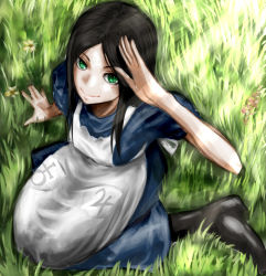 Rule 34 | 1girl, alice: madness returns, alice (alice in wonderland), alice in wonderland, alice liddell (american mcgee&#039;s alice), american mcgee&#039;s alice, apron, black hair, breasts, ceramic man, closed mouth, dress, green eyes, highres, long hair, looking at viewer, medium breasts, sitting, smile, solo