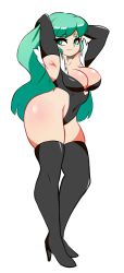 Rule 34 | 1girl, armpits, arms behind head, breasts, capcom, cleavage, covered navel, demon girl, gloves, green eyes, green hair, hidden-cat, highres, large breasts, legs, leotard, long hair, looking at viewer, morrigan aensland, smile, thick thighs, thighs, vampire (game)