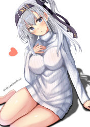 Rule 34 | 1girl, absurdres, alternate costume, black headband, clothes writing, commentary request, cowboy shot, dress, grey eyes, hachimaki, headband, heart, highres, himura moritaka, kantai collection, long hair, looking at viewer, one side up, ribbed sweater, simple background, solo, suzutsuki (kancolle), sweater, sweater dress, white background, white eyes, white sweater