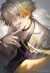 Rule 34 | 1boy, algorhythm project, artist name, bead necklace, beads, black kimono, blonde hair, commentary request, dacapo (algorhythm project), fangs, glint, grey background, grey eyes, grey hair, grin, hair intakes, hair over eyes, haori, head tilt, highres, holding, holding smoking pipe, jacket, japanese clothes, jewelry, kimono, kiseru, long sleeves, looking at viewer, male focus, multicolored hair, necklace, raineemeow, short hair, simple background, smile, smoke, smoking pipe, solo, tassel, teeth, thai commentary, twitter username, virtual youtuber, watermark, white jacket, wide sleeves