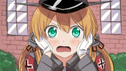 Rule 34 | 1girl, anchor hair ornament, aqua eyes, blonde hair, blush, gekkan shoujo nozaki-kun, gloves, hair ornament, hands on another&#039;s face, hands on own face, hat, kantai collection, low twintails, open mouth, ozawa ari, parody, peaked cap, portrait, prinz eugen (kancolle), sakura chiyo, voice actor connection, solo, style parody, takamura wamu, twintails, white gloves