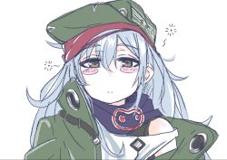Rule 34 | 1girl, blush stickers, brown eyes, commentary, flat cap, g11 (girls&#039; frontline), girls&#039; frontline, green hat, green jacket, hair between eyes, hat, jacket, long hair, looking at viewer, open clothes, open jacket, pebblejang, purple scarf, scarf, shirt, silver hair, simple background, solo, strap slip, tank top, white background, white shirt