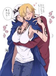 Rule 34 | 17ta 00, 1boy, 1girl, arm tattoo, black hair, blonde hair, blood, blush, breast tattoo, breasts, cape, closed eyes, closed mouth, commentary request, couple, curly eyebrows, denim, earrings, facial hair, finger tattoo, fur cape, fur hat, genderswap, genderswap (mtf), hair over one eye, hand tattoo, hand up, hat, heart, hetero, highres, hug, hug from behind, jacket, jeans, jewelry, long sleeves, looking at another, medium breasts, nosebleed, one piece, open clothes, open jacket, open mouth, pants, sanji (one piece), short hair, shoulder tattoo, smile, tank top, tattoo, thought bubble, trafalgar law, translation request, white tank top