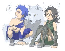 Rule 34 | 2boys, aged down, arm support, bad id, bad pixiv id, black hair, blue hair, boots, child, cu chulainn (fate), cu chulainn (fate/stay night), diarmuid ua duibhne (lancer) (fate), fate/stay night, fate/zero, fate (series), highres, male focus, multiple boys, ponytail, red eyes, short hair, shorts, simple background, sitting, squatting, ujino, white background, wolf, yellow eyes
