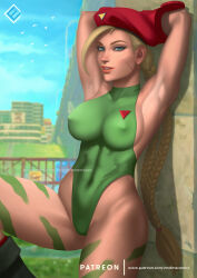 Rule 34 | 1girl, abs, absurdres, armpits, arms behind head, bare shoulders, bird, blonde hair, blue eyes, blue sky, braid, breasts, building, cammy white, cloud, covered erect nipples, evandro menezes (endlesscomics), gloves, hat, highres, large breasts, leotard, lips, looking at viewer, seductive smile, sideboob, sky, sleeveless, smile, street fighter, tree