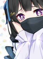 Rule 34 | 1girl, black hair, blue hair, blush, bright pupils, close-up, diisuke, drill hair, gradient hair, hair ornament, hairclip, hands on own cheeks, hands on own face, hands up, heart, long sleeves, looking at viewer, mask, mouth mask, multicolored hair, nijisanji, solo, surgical mask, tsukino mito, tsukino mito (14th costume), twin drills, upper body, virtual youtuber, white pupils