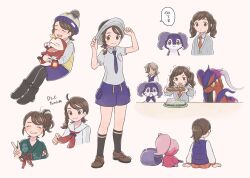 Rule 34 | 1boy, 1girl, :d, adjusting clothes, adjusting headwear, arven (pokemon), beanie, blush, boots, botamanbo, braid, bread, breast pocket, brown footwear, brown hair, closed eyes, collared shirt, commentary request, creatures (company), eyelashes, food, fuecoco, game freak, gen 8 pokemon, hand up, hat, highres, holding, holding food, holding pokemon, indeedee, juliana (pokemon), koraidon, looking down, necktie, nintendo, open mouth, pantyhose, pocket, pokemon, pokemon (creature), pokemon sv, purple necktie, purple shorts, shirt, shoes, shorts, smile, socks, tinkatuff, v, vest, yellow vest