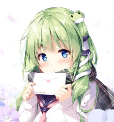 Rule 34 | 1girl, alternate costume, blue eyes, blue flower, blue sailor collar, blush, cardigan, character name, commentary request, confession, contemporary, enpera, flower, frog hair ornament, green hair, grey scarf, hair ornament, hair tubes, hands up, holding, holding letter, jacket, kochiya sanae, letter, long hair, long sleeves, looking at viewer, love letter, miyase mahiro, nemophila (flower), parted lips, petals, plaid, plaid scarf, purple flower, sailor collar, scarf, school uniform, simple background, sleeves past wrists, snake hair ornament, solo, touhou, upper body, white background, white jacket