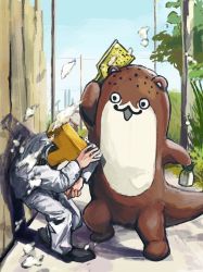 Rule 34 | 1boy, admiral (kancolle), animal, animal costume, bag, black footwear, bokukawauso, commentary, day, derivative work, grass, highres, holding, holding bag, kantai collection, long sleeves, male focus, military, military uniform, otter, outdoors, pants, same (shark ishi), t-head admiral, tree, uniform, white pants