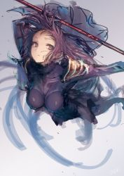 Rule 34 | 1girl, bodysuit, breasts, fate/grand order, fate (series), gae bolg (fate), large breasts, long hair, polearm, purple bodysuit, purple hair, rean (r ean), red eyes, scathach (fate), scathach (fate), solo, spear, veil, weapon