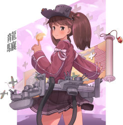 Rule 34 | 1girl, aircraft, airplane, bad id, bad pixiv id, black skirt, brown hair, cannon, closed mouth, commentary request, commission, cowboy shot, fireball, from behind, highres, japanese clothes, kantai collection, kariginu, long hair, long sleeves, looking at viewer, looking back, osananajimi neko, pleated skirt, revision, ryuujou (kancolle), ryuujou kai ni (kancolle), scroll, skirt, solo, standing, twintails, visor cap, wide sleeves