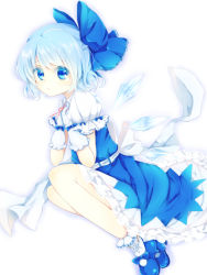 Rule 34 | 1girl, 8hachio, anklet, belt, blue dress, blue eyes, blue hair, bobby socks, bow, cirno, dress, fetal position, gloves, hair bow, hands on own chest, jewelry, looking at viewer, mary janes, matching hair/eyes, puffy short sleeves, puffy sleeves, ribbon, shoes, short hair, short sleeves, simple background, socks, solo, touhou, white background, wings