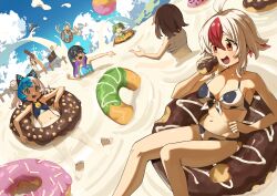 Rule 34 | 6+girls, absurdres, ahoge, bare arms, bare legs, bare shoulders, barefoot, bell, bikini, black bikini, black eyes, black hair, blue bikini, blue hair, blush, breasts, brown eyes, brown hair, cleavage, collarbone, commentary, day, double bun, english commentary, food, green bikini, green hair, greentanuki, hair between eyes, hair bun, highres, holding, holding food, innertube, jingle bell, large breasts, long hair, multicolored hair, multiple girls, navel, nina (greentanuki), open mouth, original, outdoors, purple hair, red eyes, red hair, short hair, smile, swim ring, swimsuit, two-tone hair, two side up, white bikini, white hair