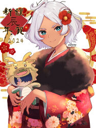 Rule 34 | 1girl, animal costume, blush, breasts, character doll, chinese zodiac, dragon costume, floral print, furisode, green eyes, grey hair, gundam, gundam suisei no majo, highres, japanese clothes, kimono, large breasts, long sleeves, looking at viewer, mizuno374, red kimono, rouji chante, secelia dote, smile, solo, twitter username, year of the dragon