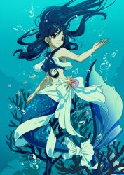Rule 34 | 1girl, absurdres, air bubble, blue hair, blue theme, bubble, clam shell, colored skin, coral reef, denonbu, earrings, floating hair, full body, green skin, hair ornament, hairclip, hand up, highres, jewelry, kisumi rei, long hair, mermaid, monster girl, ocean, parted lips, pearl earrings, pendant, red eyes, ribbon, scales, seafloor, shinonome kazune, solo, underwater, white ribbon