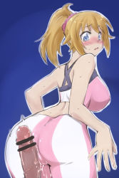Rule 34 | 10s, 1girl, ass, bike shorts, blue eyes, breasts, brown hair, buttjob, buttjob over clothes, censored, covered erect nipples, grinding, gundam, gundam build fighters, gundam build fighters try, hoshino fumina, large breasts, midriff, mikagami sou, penis, ponytail, pussy juice, sports bra, two-tone sports bra