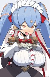 Rule 34 | 1girl, android, apron, blue hair, breasts, highres, jellcaps, joints, large breasts, maid, maid apron, maid headdress, poppi (xenoblade), poppi qt (xenoblade), robot, robot ears, robot joints, solo, xenoblade chronicles (series), xenoblade chronicles 2