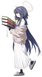 Rule 34 | 1girl, absurdres, bags under eyes, black hair, blue archive, blue eyes, blush, book, cardigan, commentary, full body, halo, highres, holding, holding book, jewelry, joker (tomakin524), long hair, long skirt, long sleeves, looking at viewer, neckerchief, necklace, off shoulder, parted lips, sailor collar, school uniform, serafuku, simple background, skirt, slippers, solo, ui (blue archive), very long hair, white background, white sailor collar, white skirt