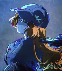 1girl baseball_cap black_vest blood blood_on_clothes blood_on_face blue_hat blue_necktie closed_mouth collared_shirt freckles green_eyes hat highres holding holding_shield ishmael_(project_moon) limbus_company long_hair looking_at_viewer necktie orange_hair project_moon riri_(kira0311) shield shirt solo upper_body very_long_hair vest w_corp._(identity)_(project_moon)