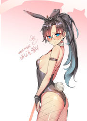 Rule 34 | 1girl, animal ears, arm belt, ass, bad id, bad pixiv id, bare shoulders, black hair, black leotard, blue eyes, blush, breasts, bridal gauntlets, buckle, character request, closed mouth, detached collar, fake animal ears, fishnet pantyhose, fishnets, glasses, grey background, leotard, long hair, looking at viewer, looking to the side, medium breasts, pantyhose, pink background, playboy bunny, rabbit ears, rabbit tail, round eyewear, shiny skin, sideboob, signature, skindentation, smile, solo, soulworker, suerte, tail, tiara, very long hair