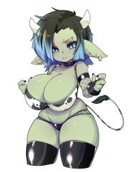 Rule 34 | 1girl, absurdres, animal ears, animal print, black collar, black hair, black thighhighs, blue hair, blush, breasts, closed mouth, collar, colored skin, commentary, cow ears, cow print, cow tail, earrings, english commentary, female goblin, goblin, green eyes, green skin, highres, jewelry, large breasts, multicolored hair, original, pointy ears, shortstack, simple background, single earring, slugbox, smile, solo, tail, thick thighs, thighhighs, thighs, two-tone hair, white background