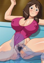 Rule 34 | 10s, 1boy, 1girl, blush, breasts, brown eyes, brown hair, censored, cleavage, clothing aside, covered erect nipples, glasses, hetero, highres, hinokawa jun, huge breasts, keita&#039;s mother, long hair, navel, nipples, one-piece swimsuit, pubic hair, pussy, smile, solo focus, spread legs, spread pussy, sweat, swimsuit, swimsuit aside, water, youkai watch