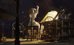 Rule 34 | 1girl, absurdres, arms up, artist name, attic, ball, barefoot, blue eyes, brown hair, chair, frilled sleeves, frills, from behind, full body, grey skirt, highres, holding, holding ball, holding magnifying glass, indoors, long sleeves, magnifying glass, miniskirt, noteal, original, outstretched arms, parted lips, potion, scenery, shadow, shirt, short hair, sitting, skirt, sleeves past elbows, solo, straight hair, watermark, white shirt