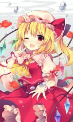 Rule 34 | 1girl, ;d, absurdres, air bubble, ascot, blonde hair, blush, bow, bubble, crystal, fish, flandre scarlet, frilled shirt collar, frills, goldfish, hand up, hat, hat ribbon, highres, looking at viewer, mob cap, one eye closed, one side up, open mouth, petticoat, pointing, pointing at self, puffy short sleeves, puffy sleeves, red bow, red eyes, red ribbon, red skirt, red vest, ribbon, ruhika, short hair, short sleeves, skirt, smile, solo, touhou, underwater, vest, white hat, wings, wrist cuffs, yellow ascot