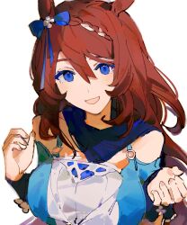 Rule 34 | 1girl, absurdres, animal ears, blue dress, blue eyes, bow, braid, breasts, brown hair, dress, ear bow, hair between eyes, hands up, highres, hikawayunn, horse ears, large breasts, long hair, looking at viewer, o-ring, open mouth, scarf, simple background, smile, solo, super creek (umamusume), umamusume, upper body, white background, wrist cuffs