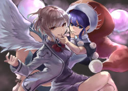 Rule 34 | 2girls, :p, amano hagoromo, angel wings, blob, blue eyes, blue hair, boots, bow, bowtie, braid, brooch, capelet, crossed legs, doremy sweet, dream soul, dress, eyebrows hidden by hair, feathered wings, feet out of frame, foot out of frame, french braid, hand on another&#039;s face, jacket, jewelry, kishin sagume, light smile, long sleeves, looking at viewer, multiple girls, parted lips, pom pom (clothes), purple dress, red bow, red bowtie, red eyes, red headwear, short hair, sidelocks, silver hair, simple background, single wing, tongue, tongue out, touhou, white jacket, wings, yuri