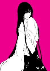 Rule 34 | absurdres, asuzemu, bad id, bad twitter id, black hair, black skirt, character request, clothing request, flower, hair over eyes, highres, hime cut, houraisan kaguya, japanese clothes, kimono, long hair, looking at viewer, partially colored, pink background, simple background, skirt, sleeves past fingers, sleeves past wrists, smile, tagme, touhou, very long hair