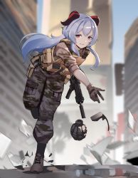 Rule 34 | 1girl, absurdres, blue hair, bulletproof vest, camouflage, day, explosive, ganyu (genshin impact), gar32, genshin impact, grenade, grey jacket, grey pants, grin, gun, highres, holding, holding gun, holding weapon, horns, jacket, long hair, looking at viewer, military, military uniform, outdoors, pants, red eyes, smile, soldier, solo, standing, throwing, uniform, weapon