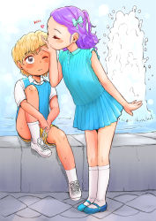 Rule 34 | 2girls, blonde hair, blue bow, blue footwear, blue skirt, blush, bow, character request, copyright request, fountain, hair bow, heart, highres, kiss, kissing forehead, leaning forward, medium hair, multiple girls, one eye closed, one side up, pleated skirt, purple eyes, purple hair, shoes, short hair, short shorts, shorts, sitting, skirt, socks, standing, sweat, takahashi note, tying shoes, water, wavy mouth, white footwear, yellow shorts, yuri