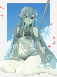 Rule 34 | 1girl, absurdres, arknights, bare legs, bare shoulders, barefoot, bikini, bikini under clothes, black bikini, braid, breasts, clothing cutout, commentary request, grey hair, hair between eyes, head tilt, highres, long braid, long hair, long sleeves, mutsuki albino, navel, official alternate costume, partial commentary, petals, pointy ears, red eyes, see-through, shoulder cutout, sidelocks, sitting, small breasts, solo, stomach, swimsuit, thighs, twin braids, very long hair, warfarin (arknights), warfarin (casual vacation) (arknights), yokozuwari